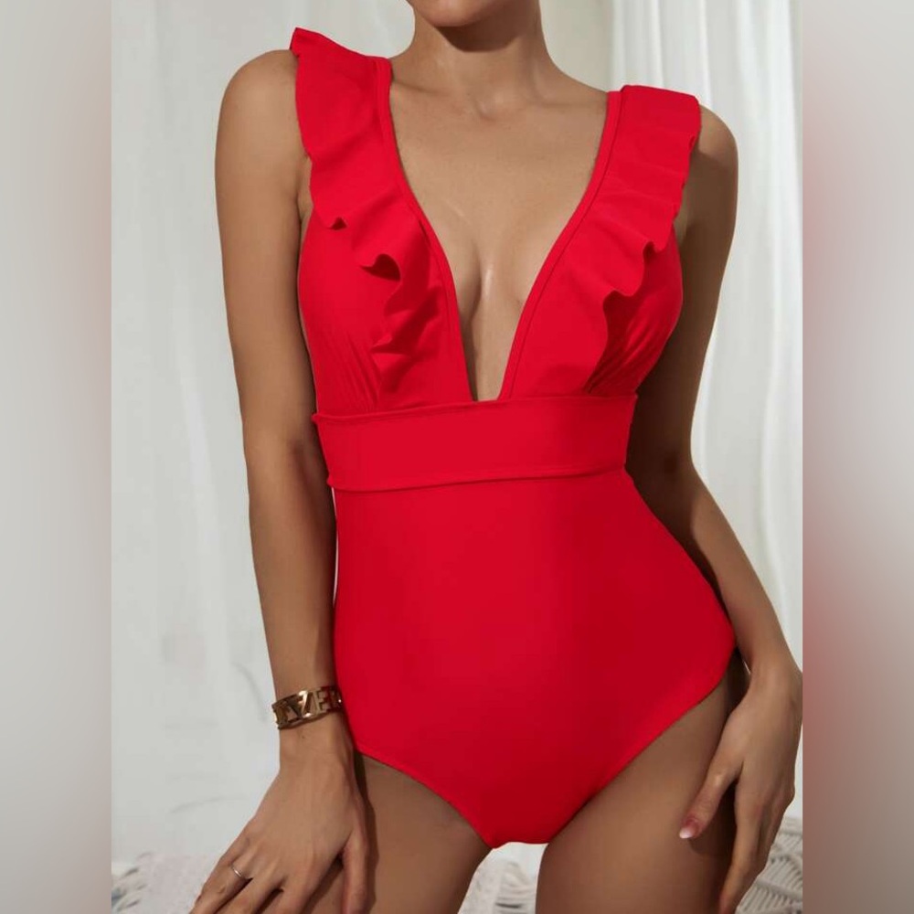 Amazon Red Ruffle One-Piece Swimsuit
